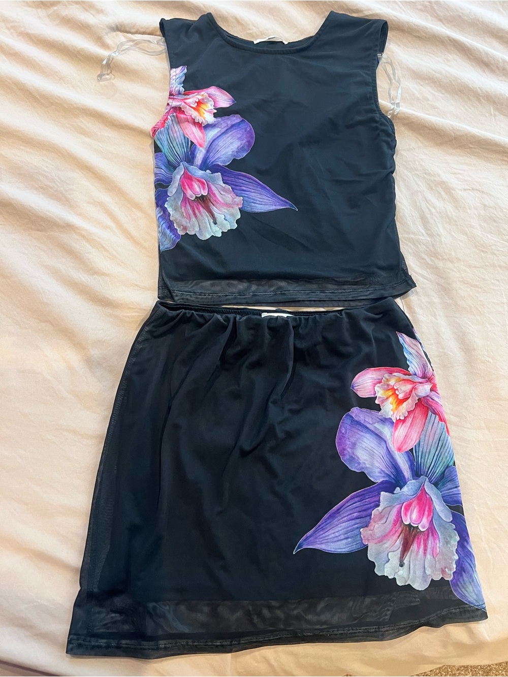 Black Floral Two-Piece Skirt Set - Vibrant Orchid Print